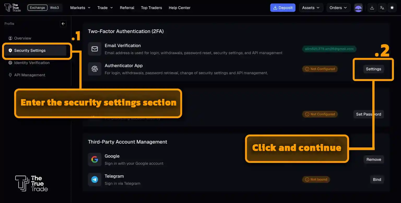 To activate 2FA, simply click on the purple robot icon and enter the Security Setting section from the dropdown menu.