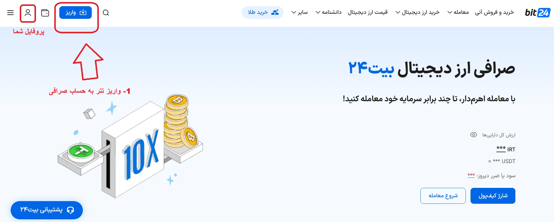 تبدیل تتر به تومان یا ریال در بیت 24 مرحله 1